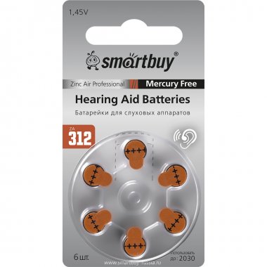 Фотография товара 'Smartbuy SBZA-A312-6B Батарейка для слуховых аппаратов A312-6B (60/3000)'
