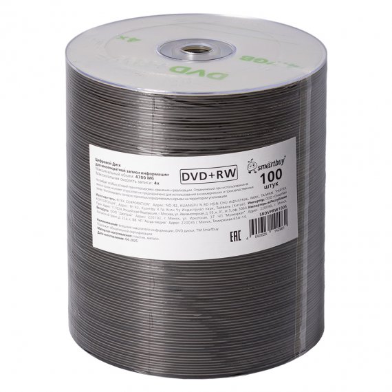 Фотография товара 'Smartbuy SBDVPRW100S Диски для многократной записи DVD+RW, 4.7 Гб, 4х'