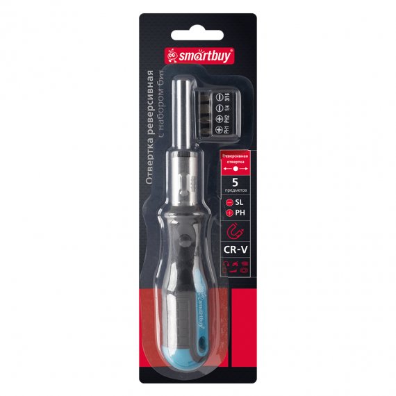 Фотография товара 'Smartbuy SBT-SCBS-5P1 Отвертка реверсивная с набором бит,4 биты PH1, PH2, SL5, SL6'