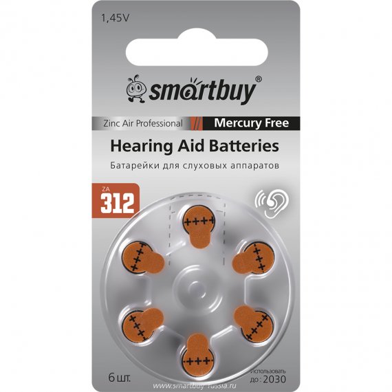 Фотография товара 'Smartbuy SBZA-A312-6B Батарейка для слуховых аппаратов A312-6B (60/3000)'